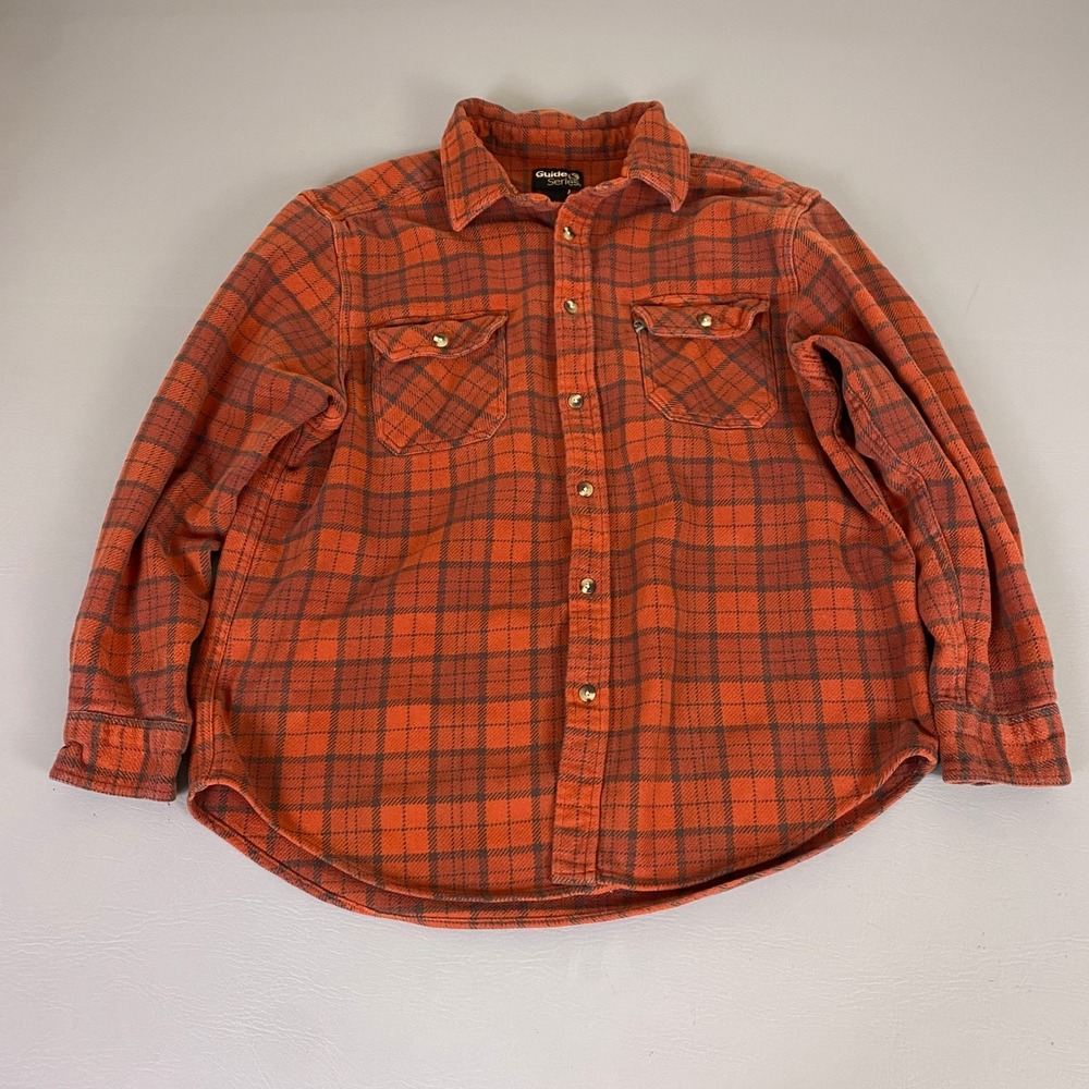 Guide Series Flannel Shirt Mens Large Orange Plaid Button Up Heavy Buffalo Patch
